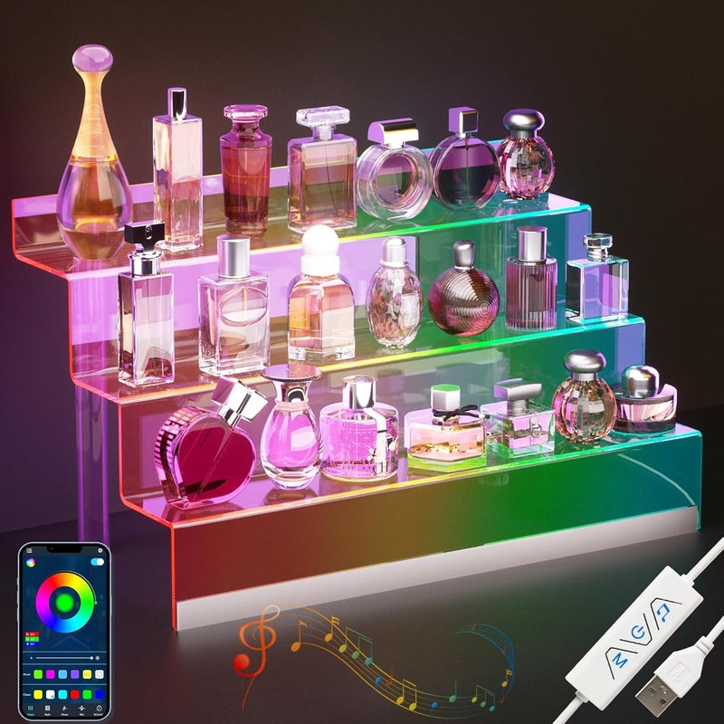 Golener 16” Acrylic Display Organizer with LED Light - 3 Tier Perfume Stand and Display Step Shelves Holder, Cologne Organizer for Men, Figures Stand, Porta Perfumes Para Tocador, Clear Riser, Dessert Shelf - Image 1